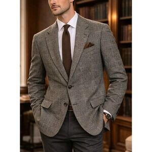 VTG 1980s Bill Blass Men Old Money Glen Plaid Camel Sport Coat 42R Heritage USA